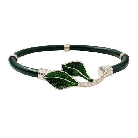 The Velvet Box Pure 925 Sterling Silver Green Leaf Noya Bangle for ...