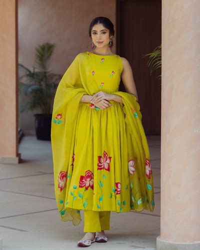 Shop Sorbet Lime Green Handpainted Cotton Suit Set for Women Online in ...