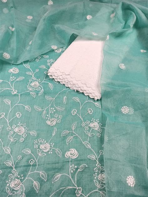 Pure Cotton Kota Doriya Hand Embroidery Unstitched Suit With Chikankar ...