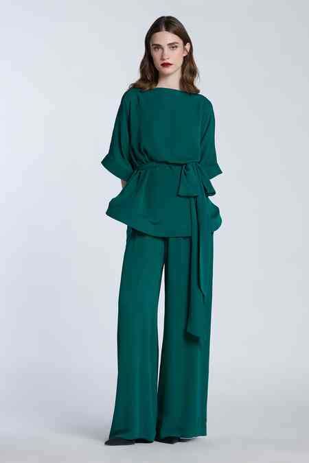 Buy Green Pure Silk Crepe Solid Boat Neck Kaftan Top With Wide Legged ...