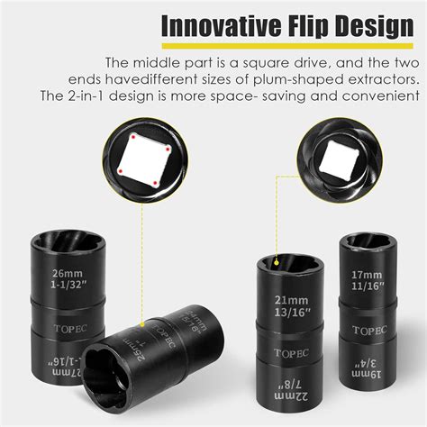 Buy Topec 5-Piece Flip Edition Bolt Extractor Set, 1/2” Lug Nut Remove ...