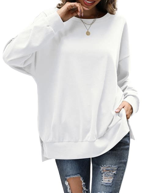 Amoretu Womens Long Sleeve Round Neck Sweatshirt with Side Split, White ...