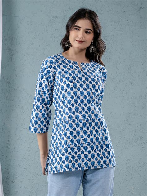Womens Blue Sanganeri Printed Cotton Short Kurti – QuaClo