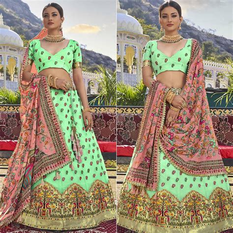 Pista Green Printed Organza Lehenga Choli