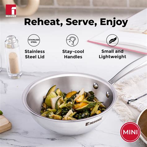 Bergner Argent-Mini Triply Stainless Steel Wok, 18 cm