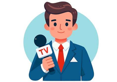 A young man in a suit holding a microphone with a tv logo represents ...