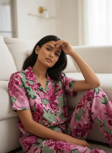 Pink Floral Lapel Collar Printed Pure Cotton Night Suit