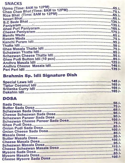 Menu at South Indian Brahmin Cafe, Mumbai