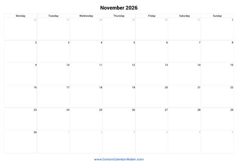 November 2026 Monday Start Calendar | Monday to Sunday | Custom ...