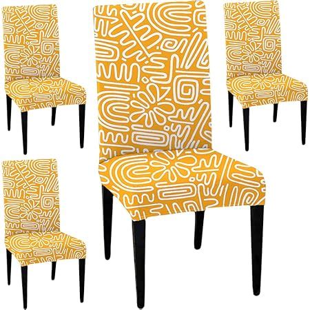 HOTKEI (Pack of 4) Yellow Printed Dining Table Chair Cover Stretchable ...