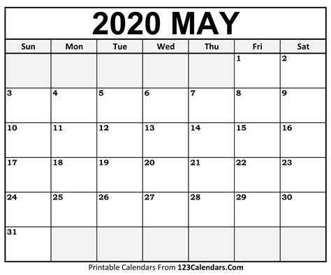 May 2020 Printable Calendar - Printable Word Searches