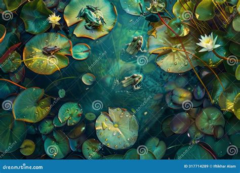 Painting Featuring Vibrant Water Lilies and Lily Pads on a Pond with ...