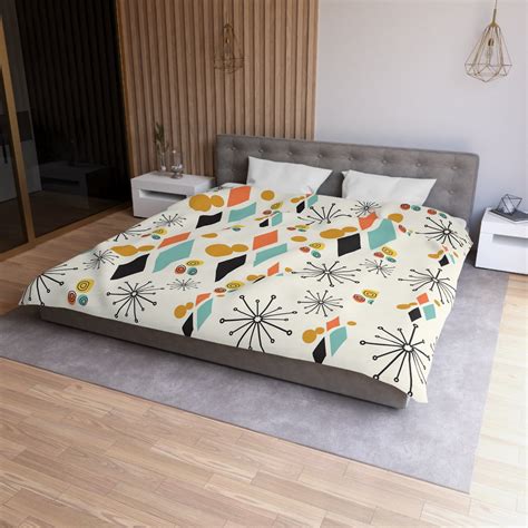 Mid Century Modern Bedding, Atomic Diamond, Sputnik,Beige, Aqua, Coral ...