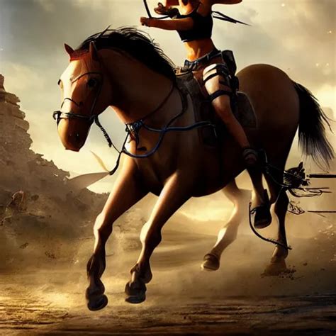 lara croft riding arabic horse, high resolution, very | Stable Diffusion