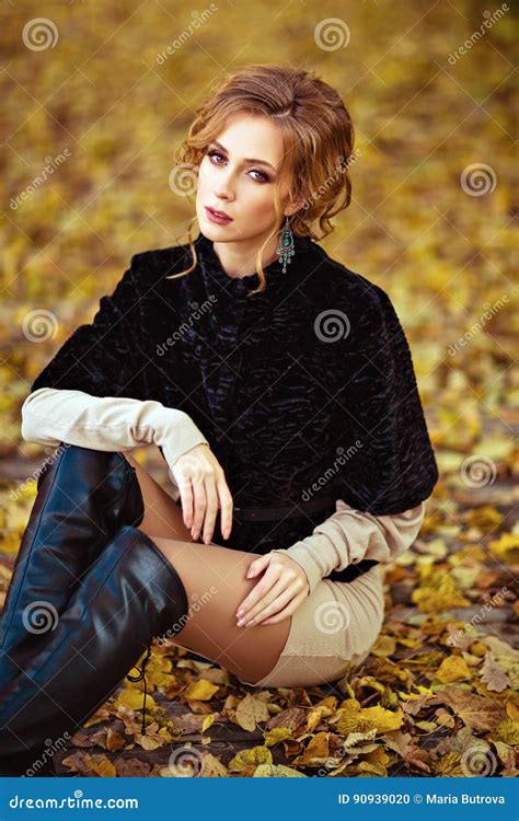 Portrait of a Sensual Kinky Girl in the Black Coat in the Fall, Stock ...