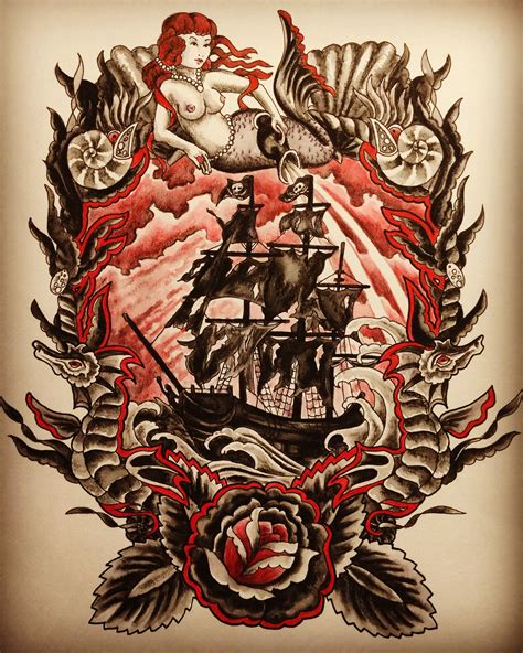 Traditional Pirate Ship Tattoo with Roses