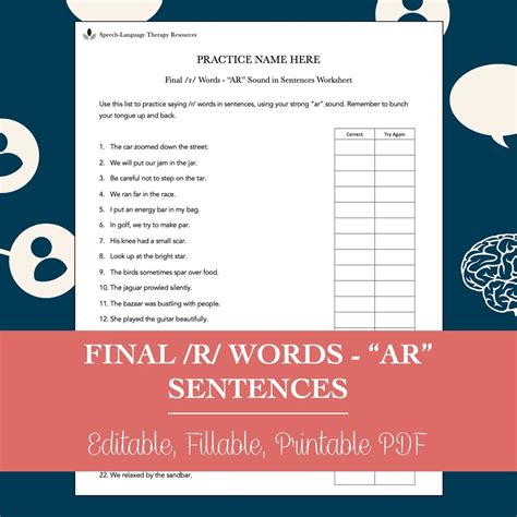 Final /R/ Words "AR" Sentences Worksheet for Speech Therapy (editable ...