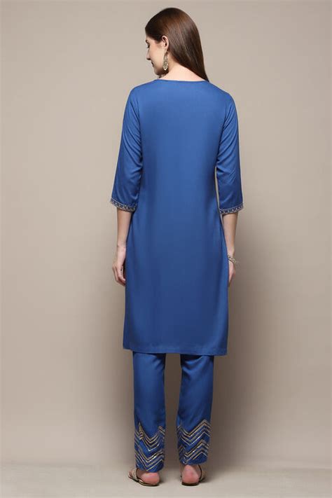 Blue Rayon Straight Kurta Pant 2 Piece Set at Biba India