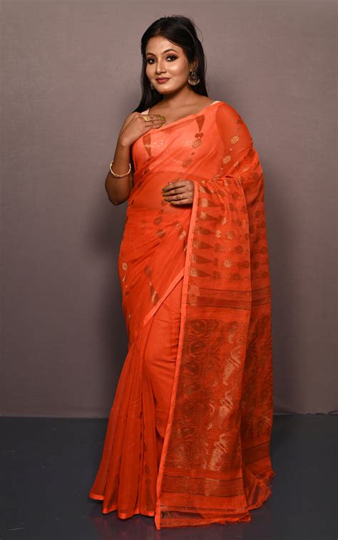 Soft Neem Zari Woven Work Jamdani Saree in Blaze Orange and Antique Go ...