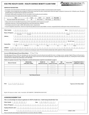 Fillable Online ICICI Pru Health Saver Health Savings Benefit Claim ...