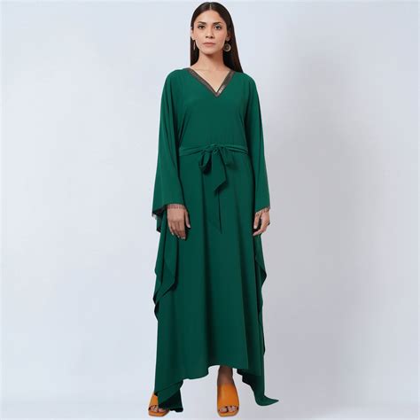 Pine Green Embroidered Neckline Full Length Kaftan with Belt – First ...