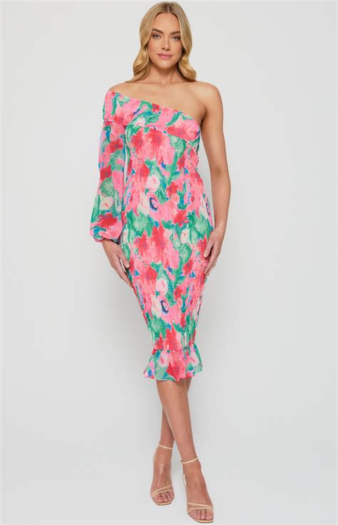 One Shoulder Floral Print Shirred Midi Dress (WDR608B) | Style State
