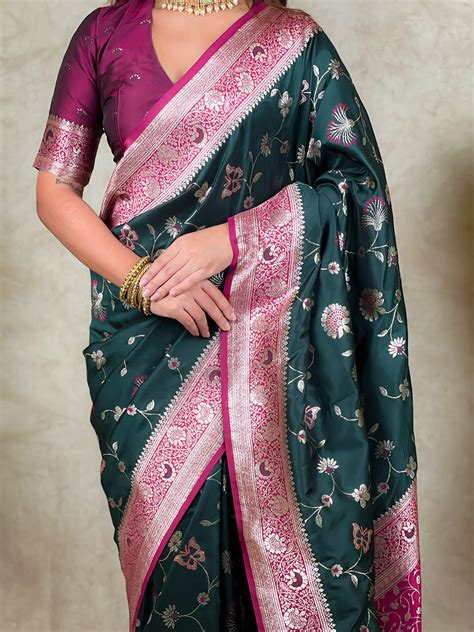 Bottle Green Banarasi Jaal Zari Woven Silk Saree – Elite Weaves