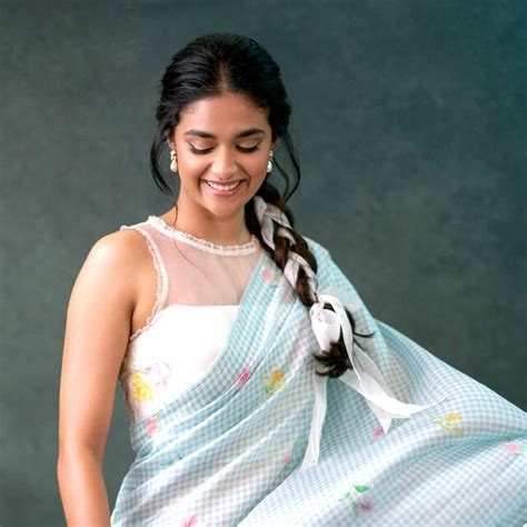 Keerthy Suresh mesmerizes in a Blue Gingham Saree & Sleeveless Blouse