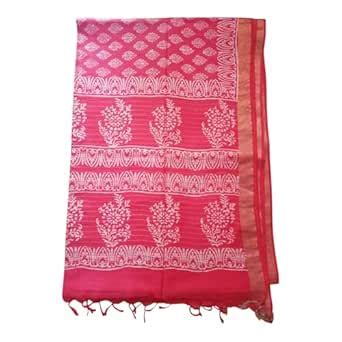 Buy Hand Block printed Bright Red Chanderi Cotton Bhagalpuri Saree with ...