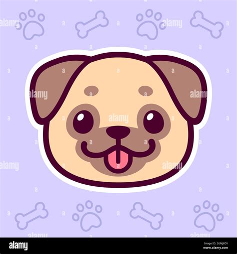 Cute cartoon pug face drawing on purple background with paw and bone ...