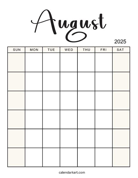 Blank Calendar August 2025 Free Printable
