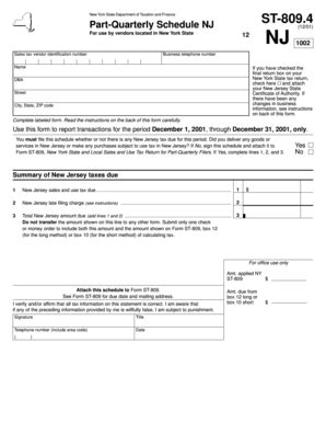 New York State Part-Quarterly Schedule NJ ST-809.4 - Blank Fillable ...