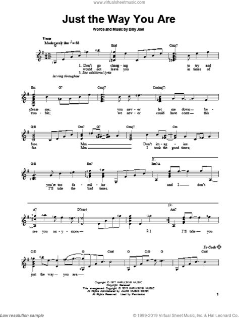 Joel - Just The Way You Are sheet music (easy) for guitar solo (chords)