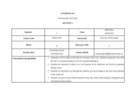 Theories OF Personality Course Plan - COURSE PLAN Odd Semester 2023 ...
