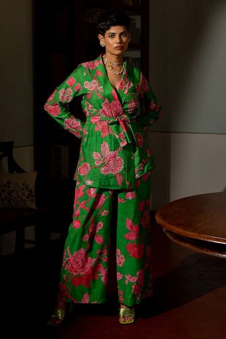 Buy Green Cotton, Silk Sequins, Zari Full Blooming Print Blazer And ...