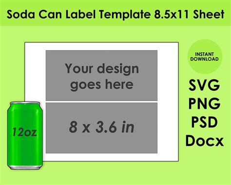 12oz Soda Can Label Template SVG, PNG, PSD and Docx 8.5x11 Sheet - Etsy UK