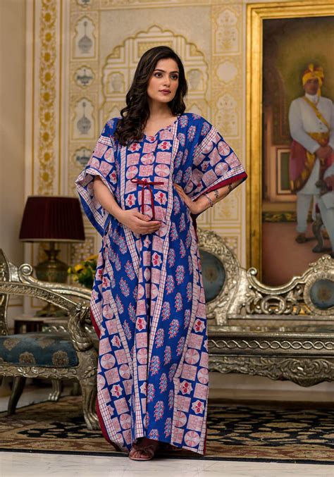 Indigo Red Ethnic Printed Maternity & Feeding Kaftan Dress with Concea ...