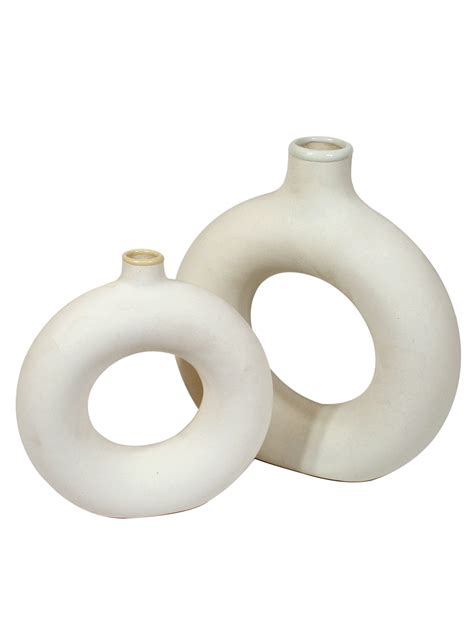 Buy | White 2 Pcs Donut-Shaped Ceramic Flower Vases | Tied Ribbons