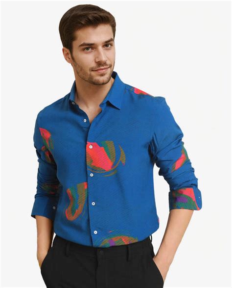 Rare Rabbit Men's Palme Blue Viscose Fabric Abstract Print Full Sleeve