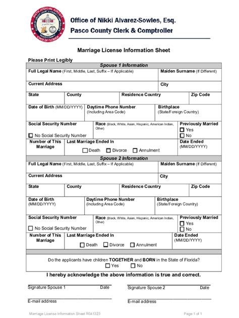 2023-2025 FL Marriage License Information Sheet - Pasco County Fill ...