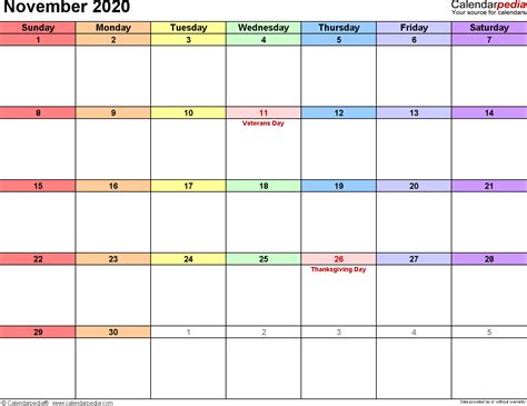 November 2020 Calendars for Word, Excel & PDF