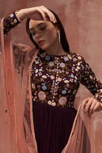 Buy Purple Georgette Floral Motifs Round Embroidered Anarkali With ...