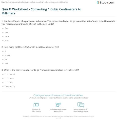 Quiz & Worksheet - Converting 1 Cubic Centimeters to Milliliters ...
