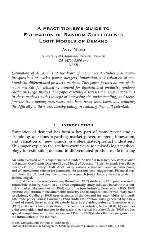 A Practitioner’s Guide to Random Coeff. Logit estimation. Nevo (2000 ...