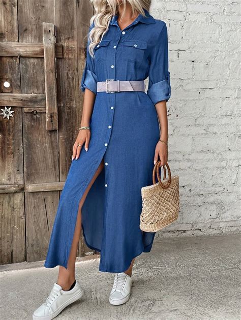SHEIN LUNE Solid Color Double-Breasted Roll-Up Sleeve Curved Hem Dress ...