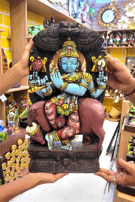 Lord Krishna Playing Flute With Cow Wooden Statue Idol Table Decor 18 ...