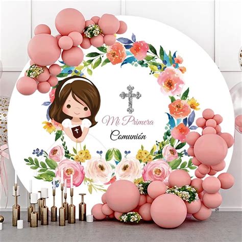 Buy DASHAN Polyester My Holy Communion Round Backdrop Mi Bautizo Wreath ...