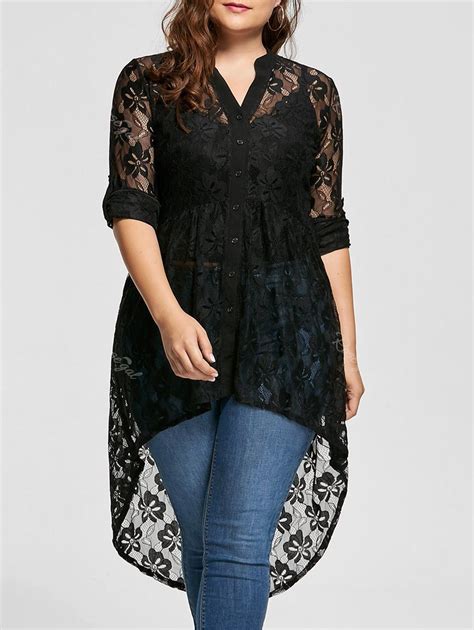 2018 High Low Lace Long Sleeve Plus Size Top In Black 2xl | Rosegal.com