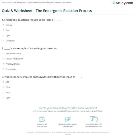 Quiz & Worksheet - The Endergonic Reaction Process | Study.com