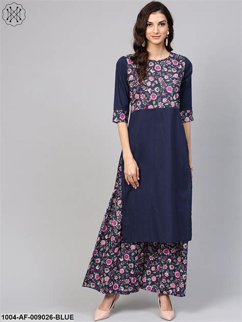 Navy Blue Floral Printed Kurta Set With Ankle Length Printed Sahara ...